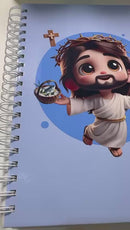 Kit papelaria caderno Jesus kawaii com 100 folhas, 02 blocos de anotações, 02 bottons personalizados